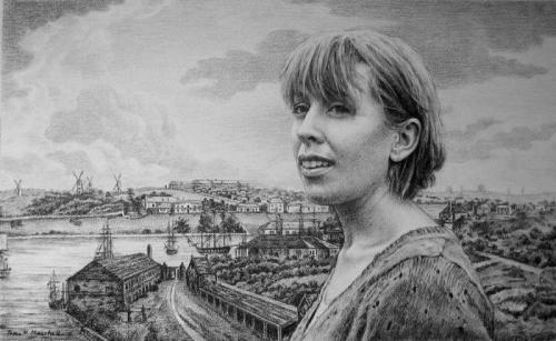 Ciska White with a view of the cove from Dawe's Battery c1818 - willow charcoal on Fabriano paper 42x70 cm 2010. .