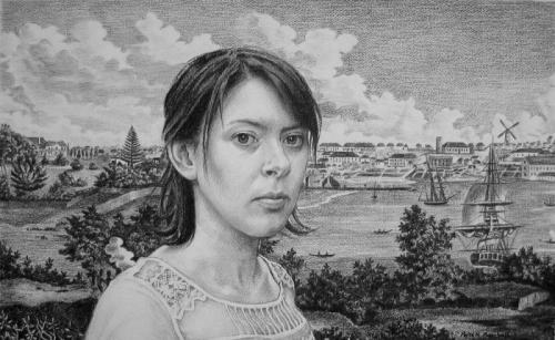 Freya Blackwood and a North-East view of the town of Sydney c1812 - willow charcoal on Fabriano paper 42x69 cm 2009. .